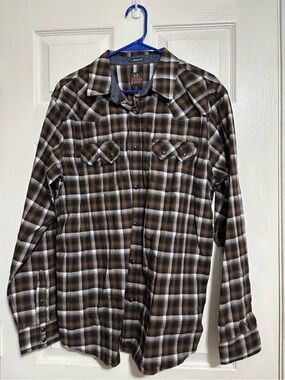 Moon Shine Brown Plaid Western Snap Shirt Sz L VGUC